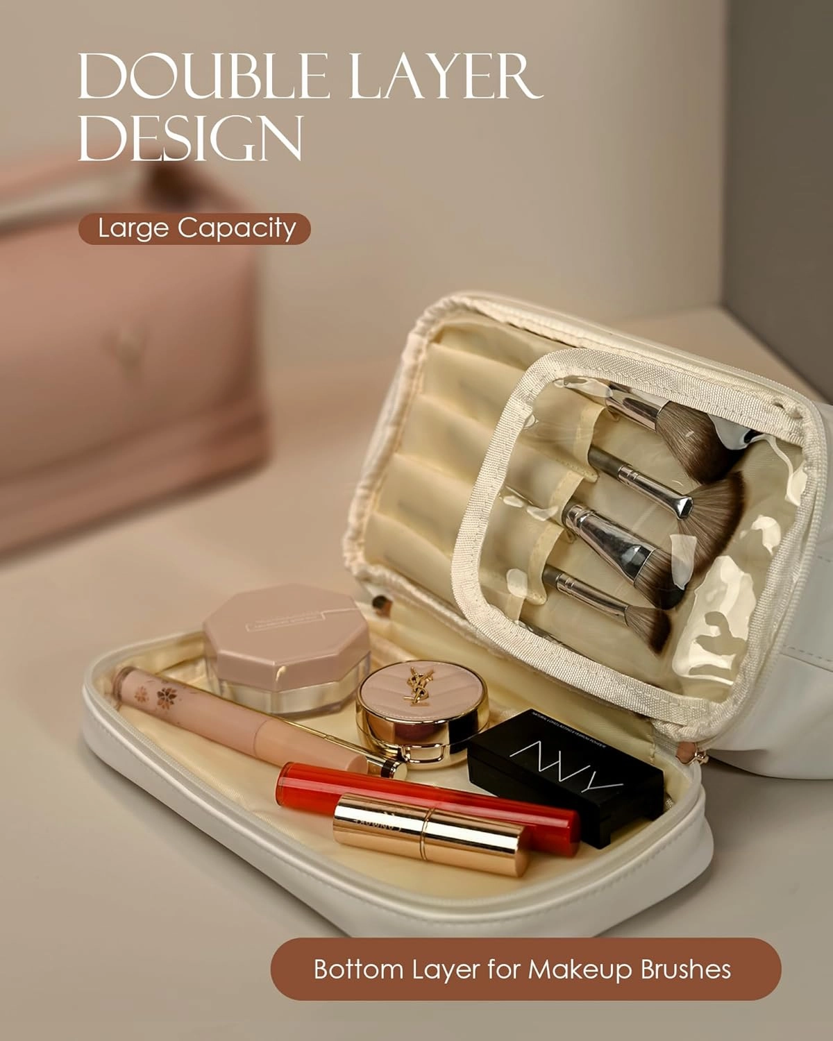 Teen Girl Gifts Trendy Stuff, Makeup Bags for Women with Handle, Initial Double Layer Cosmetic Bag with Makeup Brush Organizer, Cute Cosmetic Pouch for Women, Gifts for Friends Female Mom