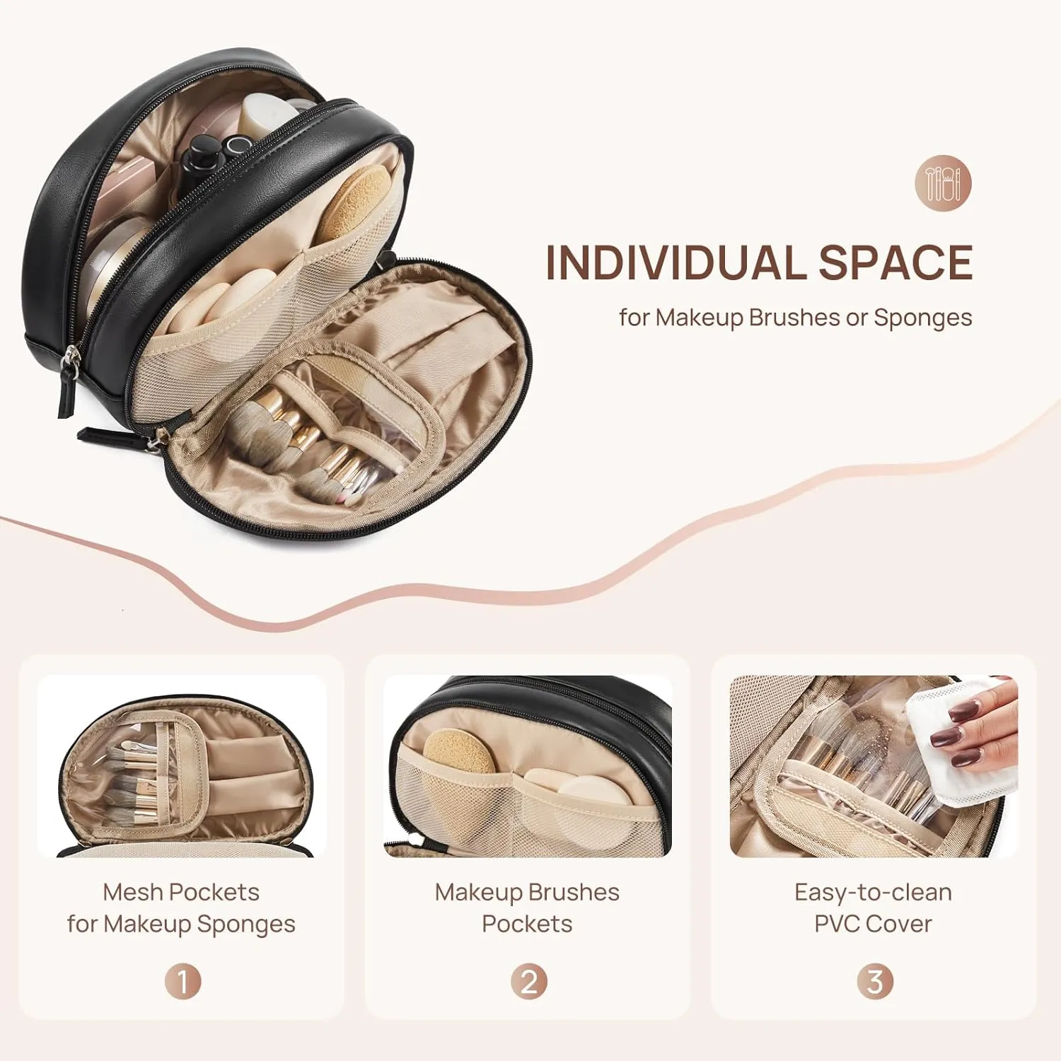Telena Medium Makeup Bag, Travel Make Up Bag for Women, Vegan Leather Cosmetic Bag for Travel Essentials