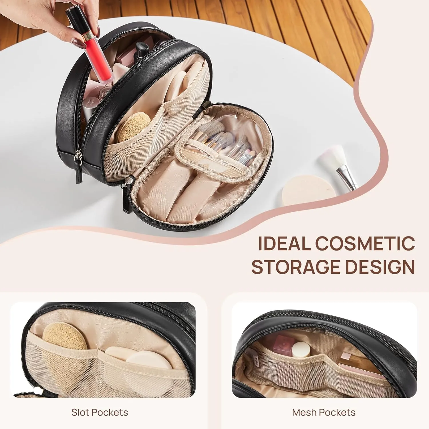 Telena Medium Makeup Bag, Travel Make Up Bag for Women, Vegan Leather Cosmetic Bag for Travel Essentials