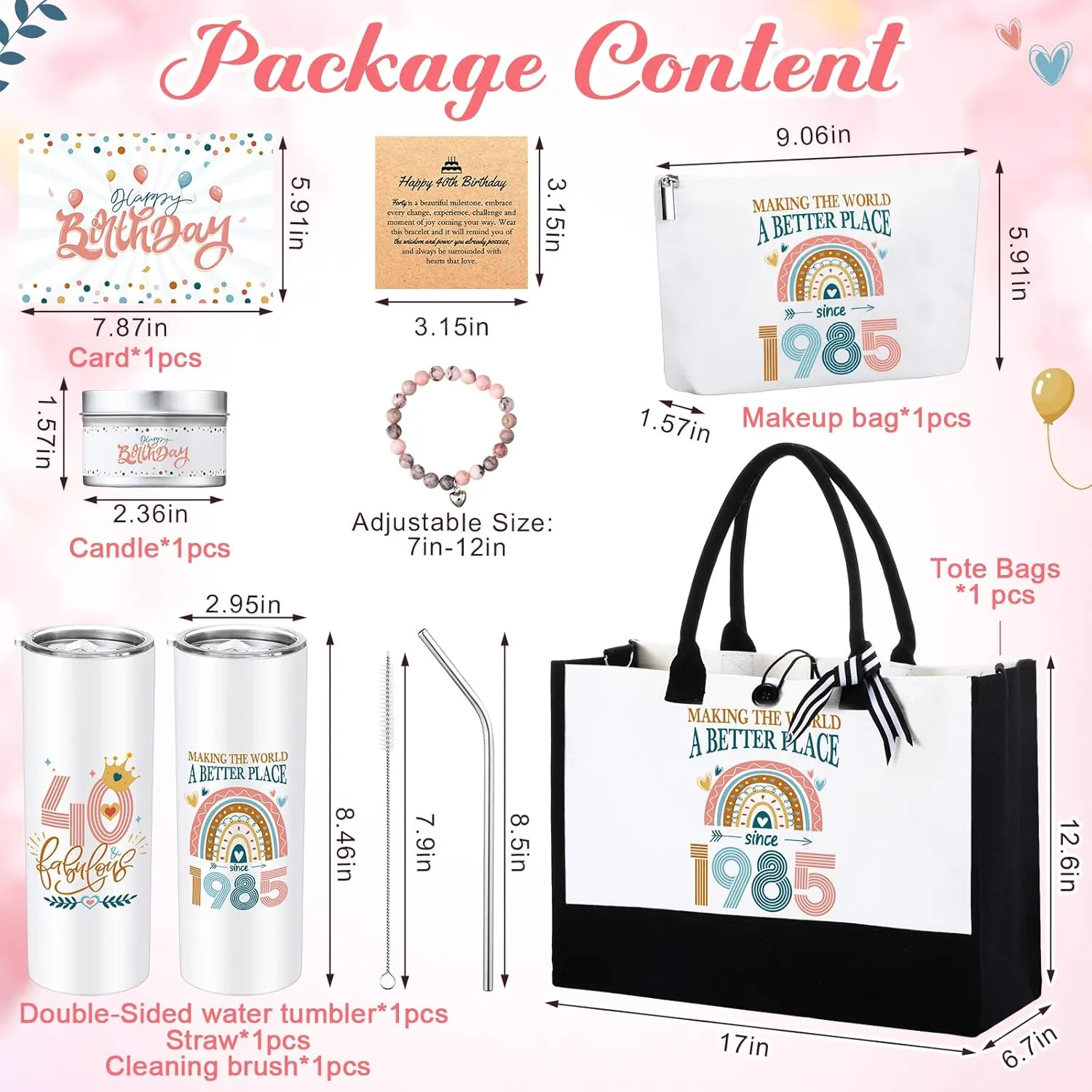 Tioncy 6 Pcs 40th 50th 60th Birthday Gifts for Women, 20oz Tumbler Tote Bag Makeup Bag Bracelet Candle and Gift Card