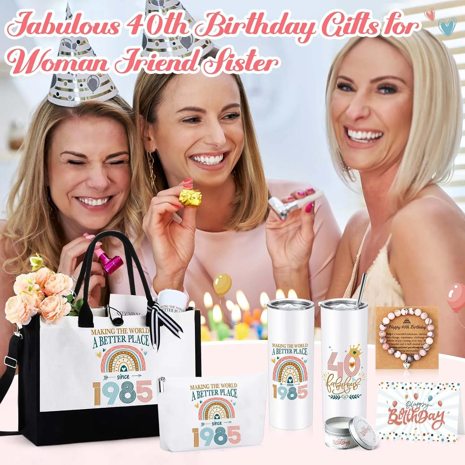 Tioncy 6 Pcs 40th 50th 60th Birthday Gifts for Women, 20oz Tumbler Tote Bag Makeup Bag Bracelet Candle and Gift Card