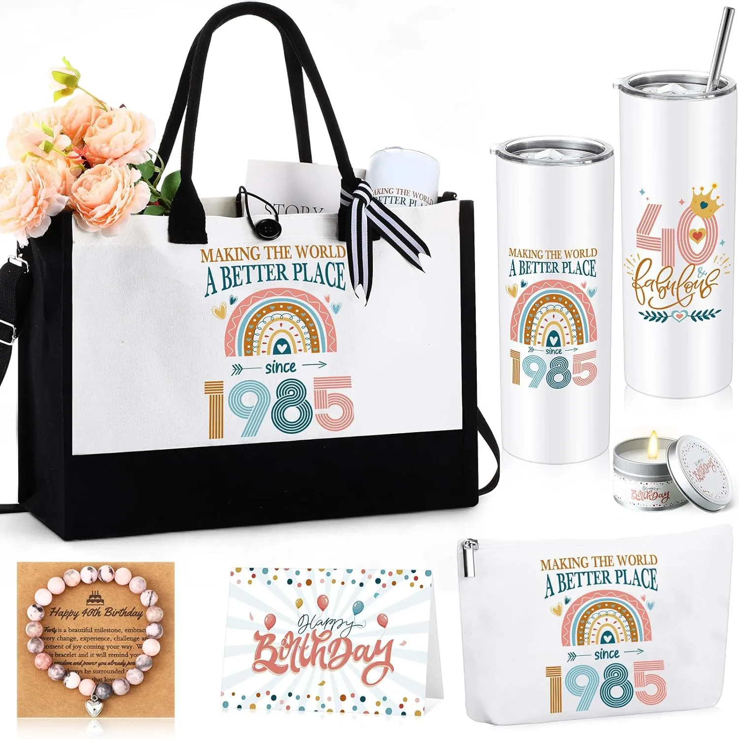 Tioncy 6 Pcs 40th 50th 60th Birthday Gifts for Women, 20oz Tumbler Tote Bag Makeup Bag Bracelet Candle and Gift Card