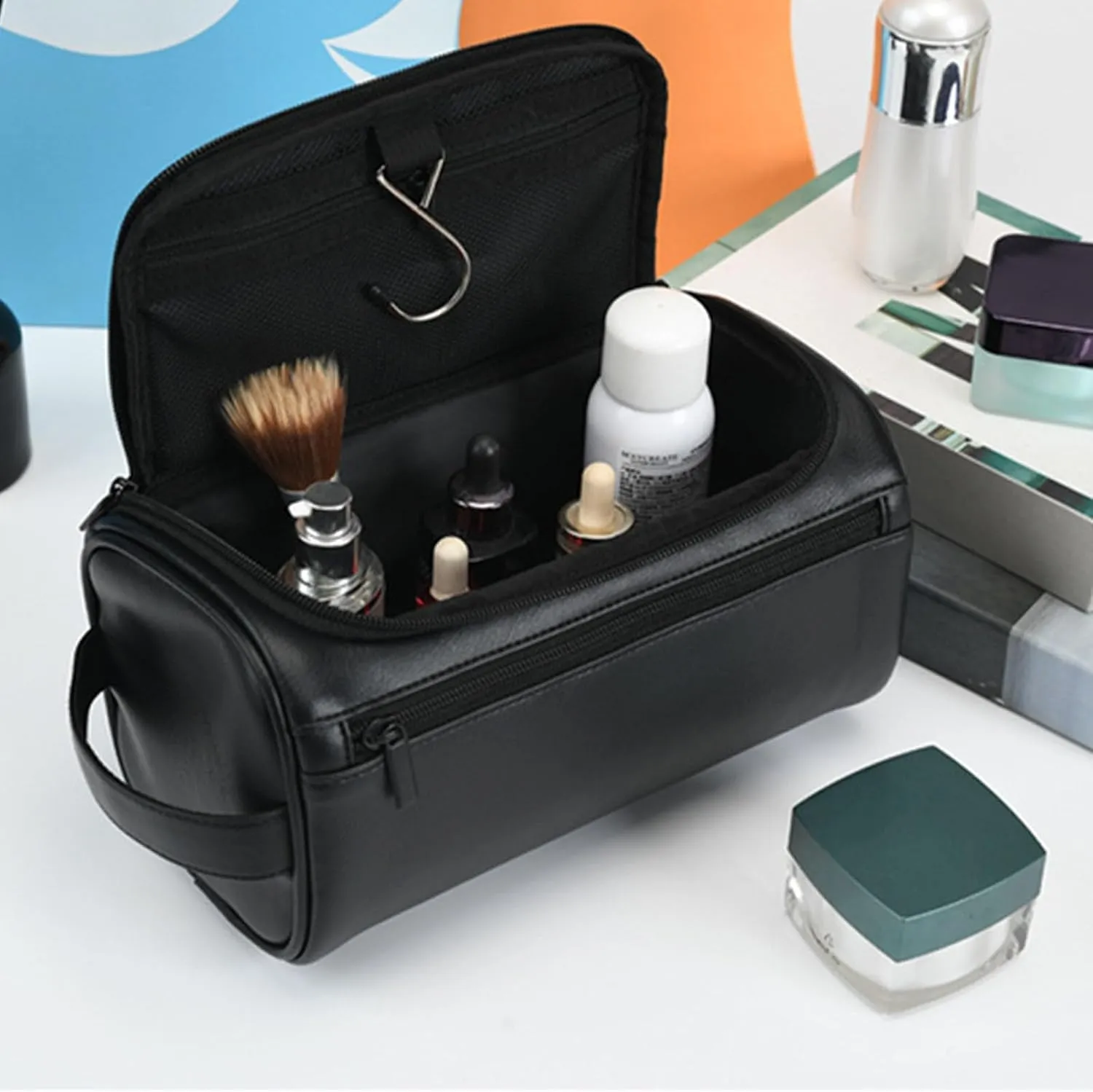 Toiletry Bag for Men Women with Hanging Hook,PU Leather Vintage Travel Dopp Kit,Toiletry Cosmetic Pouch,Large Shaving Bag Coffee