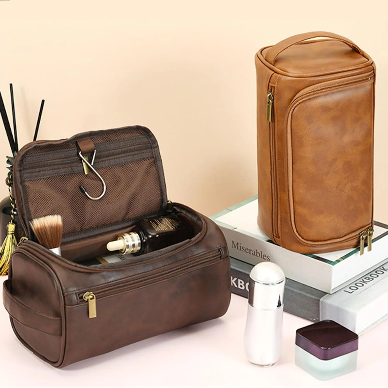 Toiletry Bag for Men Women with Hanging Hook,PU Leather Vintage Travel Dopp Kit,Toiletry Cosmetic Pouch,Large Shaving Bag Coffee
