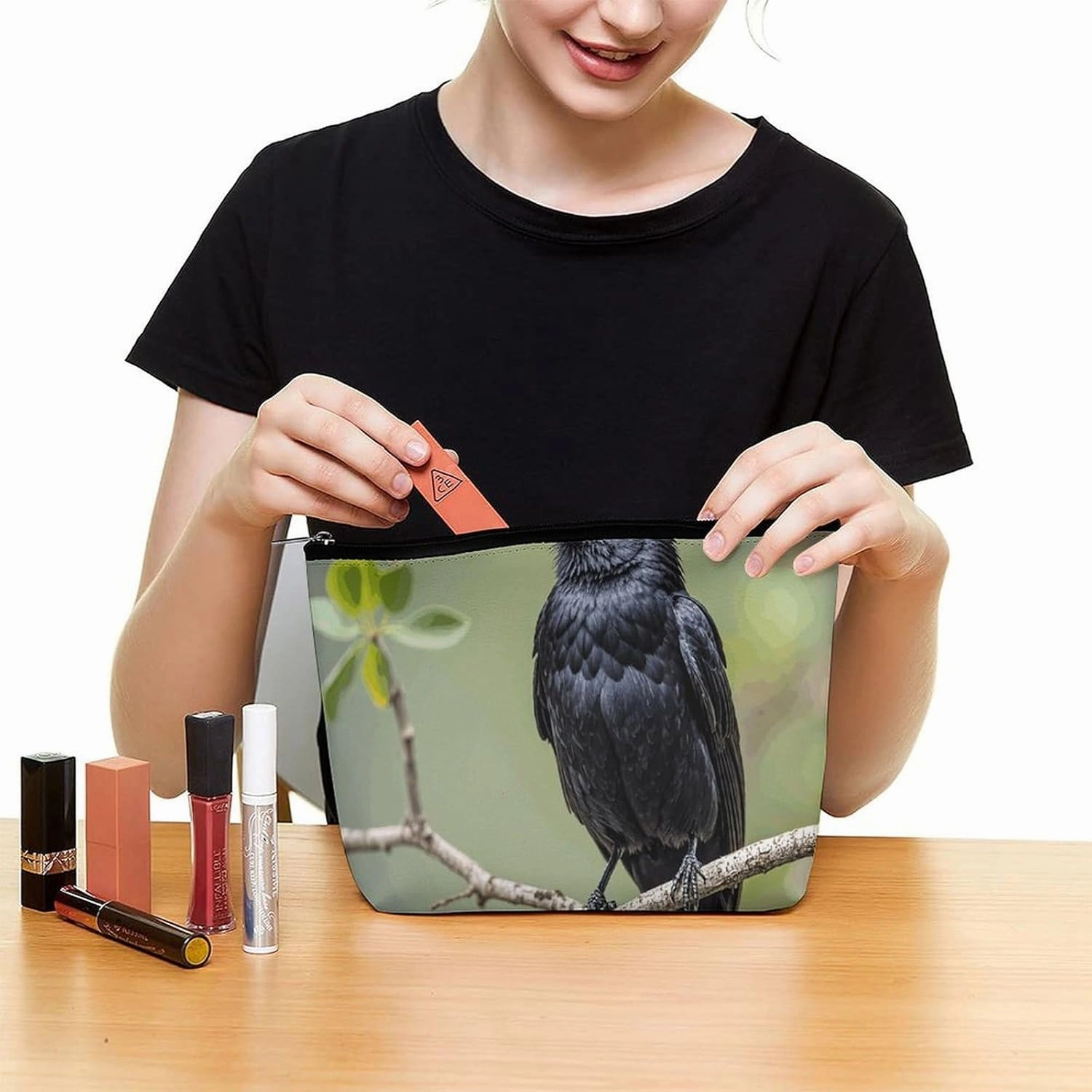 Toiletry Bag for Women Black Crow Birds on A Branch Cosmetic Bag Portable Capacity Travel Makeup Bags with Zipper Lightweight Cute Beauty Makeup Organizer for Traveling, Accessories, Essentials