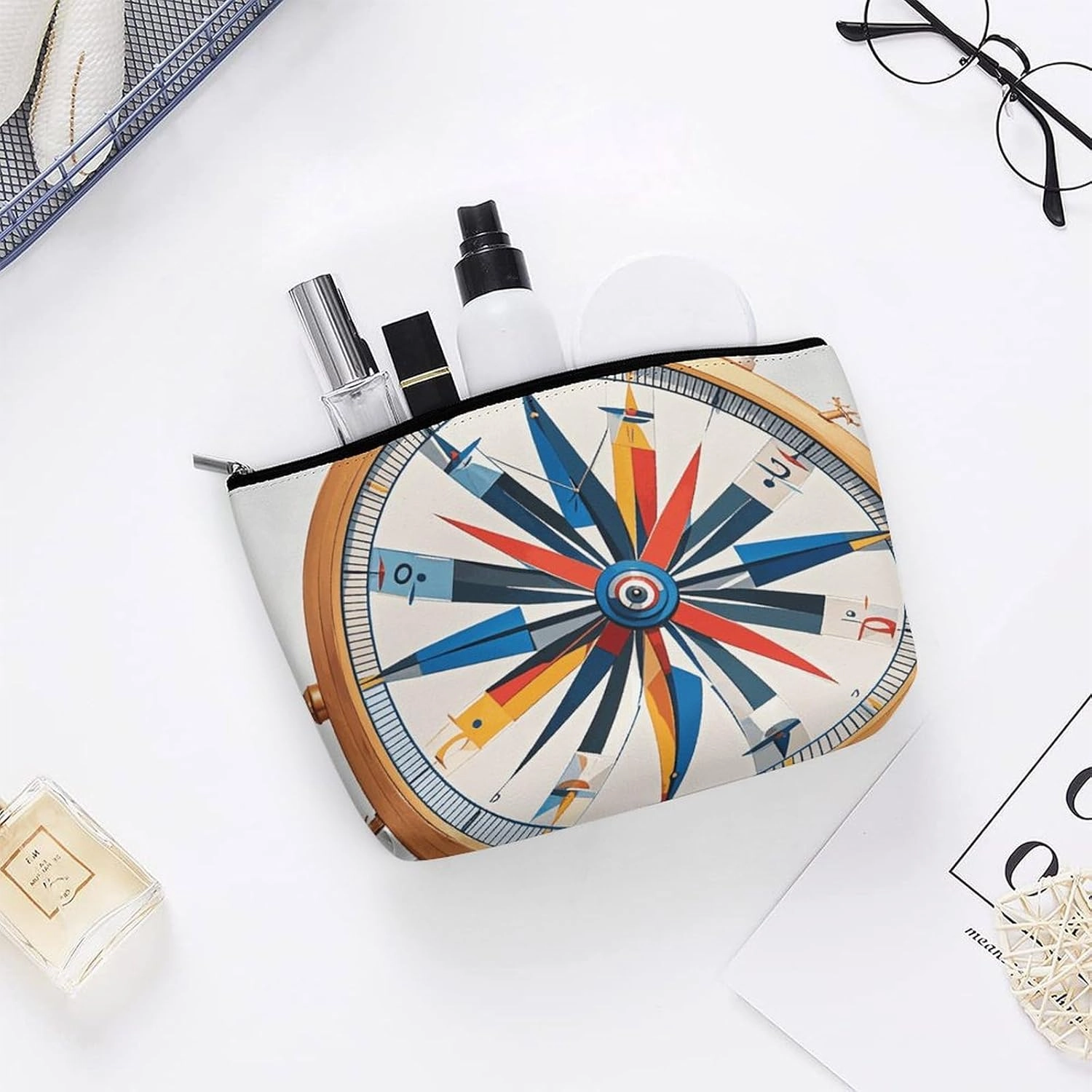 Toiletry Bag for Women Maritime Sailboat Compass Cosmetic Bag Portable Capacity Travel Makeup Bags with Zipper Lightweight Cute Beauty Makeup Organizer for Traveling, Accessories, Essentials