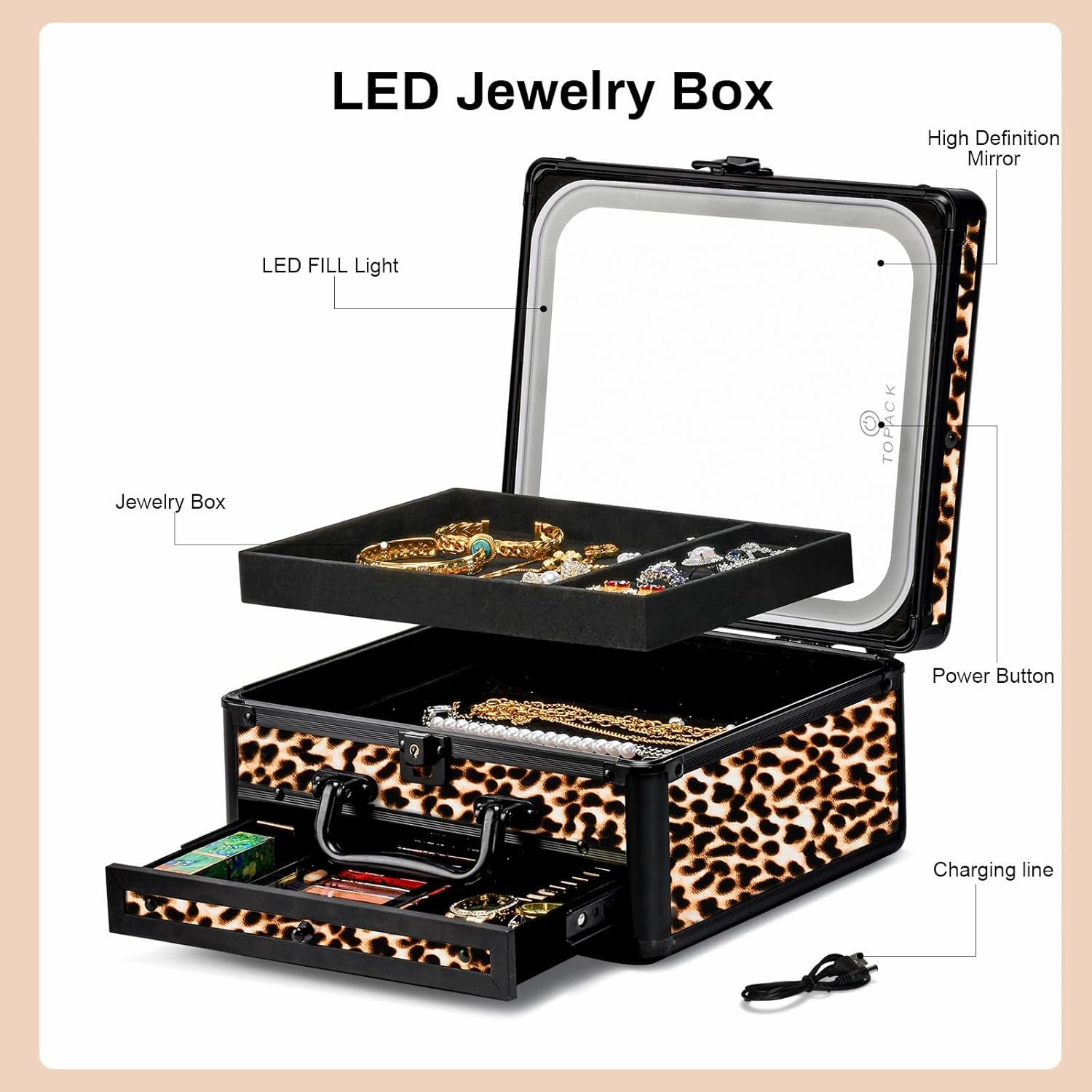 TOPACK Makeup Cases with Led Mirror, Portable Makeup Box Make Up Case with Mirror Makeup Travel Case Makeup Box Travel Jewelry Case Organizer-Leopard