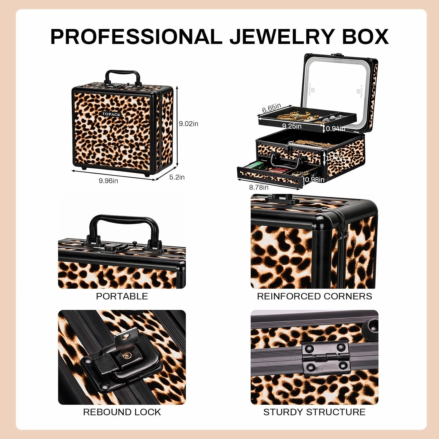 TOPACK Makeup Cases with Led Mirror, Portable Makeup Box Make Up Case with Mirror Makeup Travel Case Makeup Box Travel Jewelry Case Organizer-Leopard