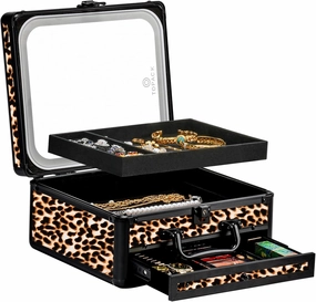 TOPACK Makeup Cases with Led Mirror, Portable Makeup Box Make Up Case with Mirror Makeup Travel Case Makeup Box Travel Jewelry Case Organizer-Leopard