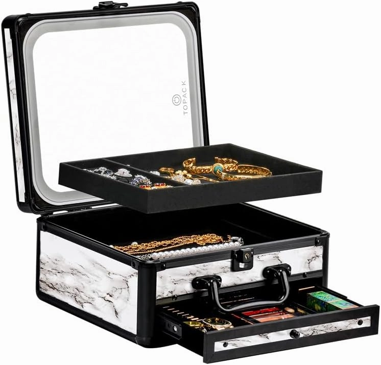 TOPACK Makeup Cases with Led Mirror, Portable Makeup Box Make Up Case with Mirror Makeup Travel Case Makeup Box Travel Jewelry Case Organizer-Marble