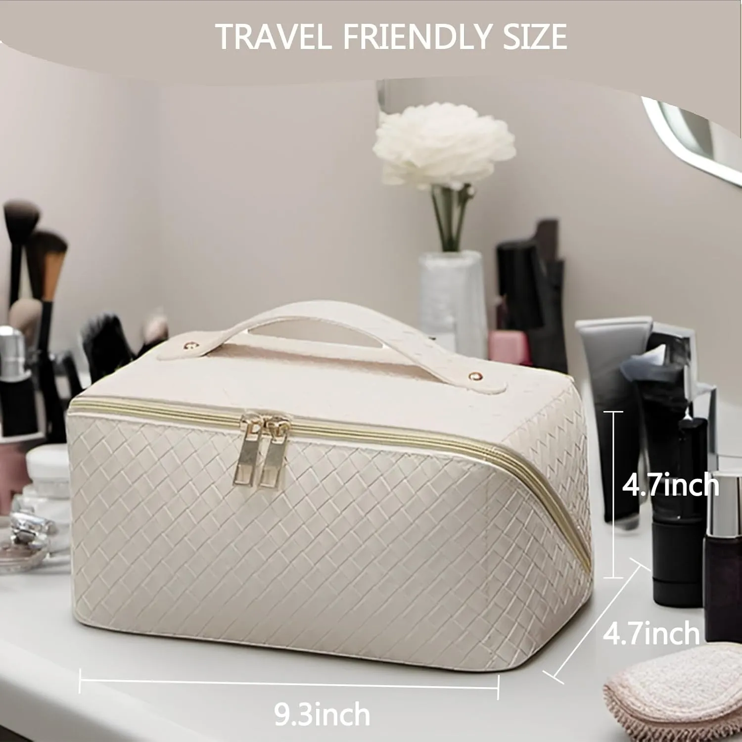 Travel Large Capacity Cosmetic Bag with Compartment Waterproof PU Leather Makeup Bag for Women and Girl Travel Bathroom Portable Checkered Beige