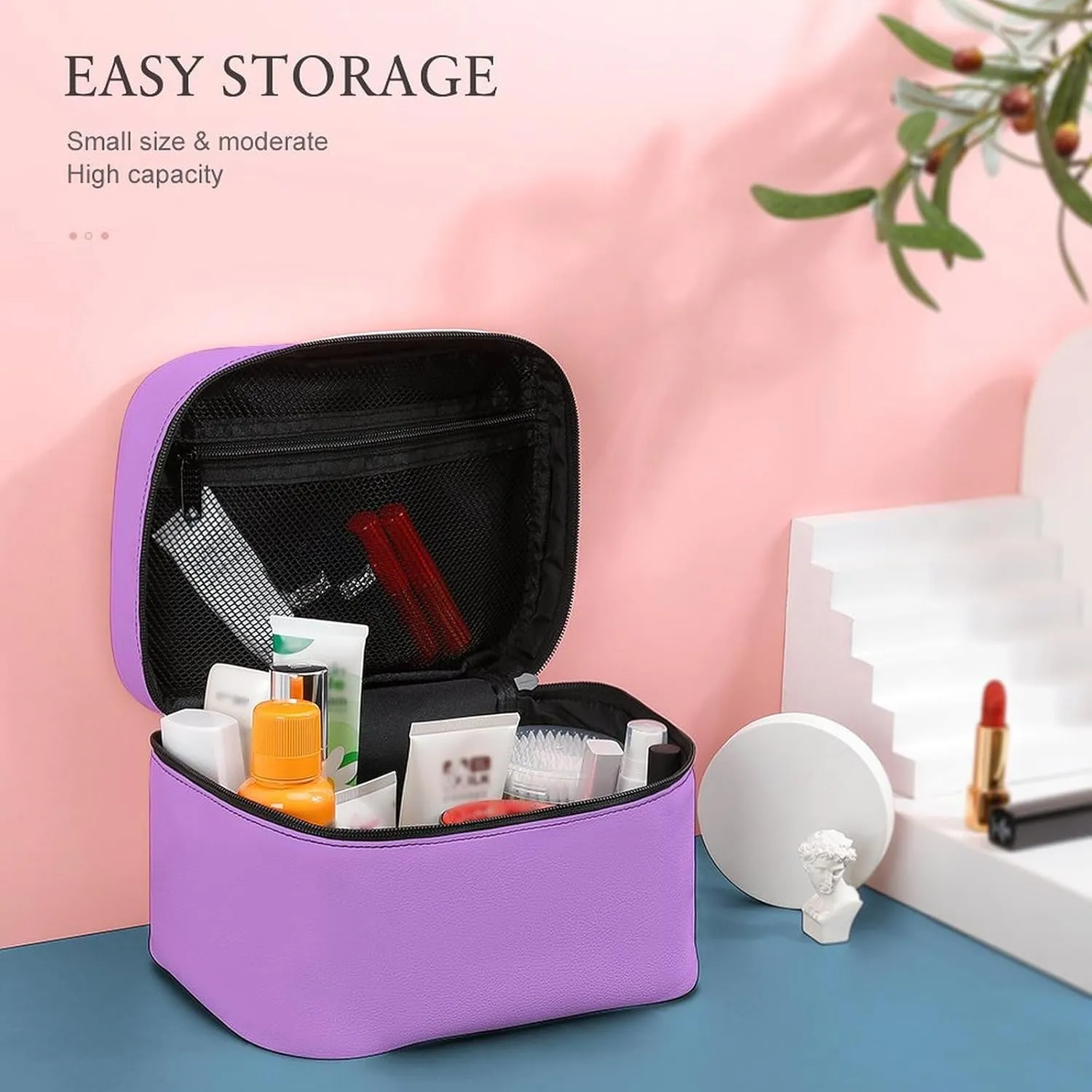 Travel Makeup Bag, Bright Lilac (Solid Color) Cosmetic Bags for Women Large Capacity Waterproof Toiletry Bag Make up Organizer