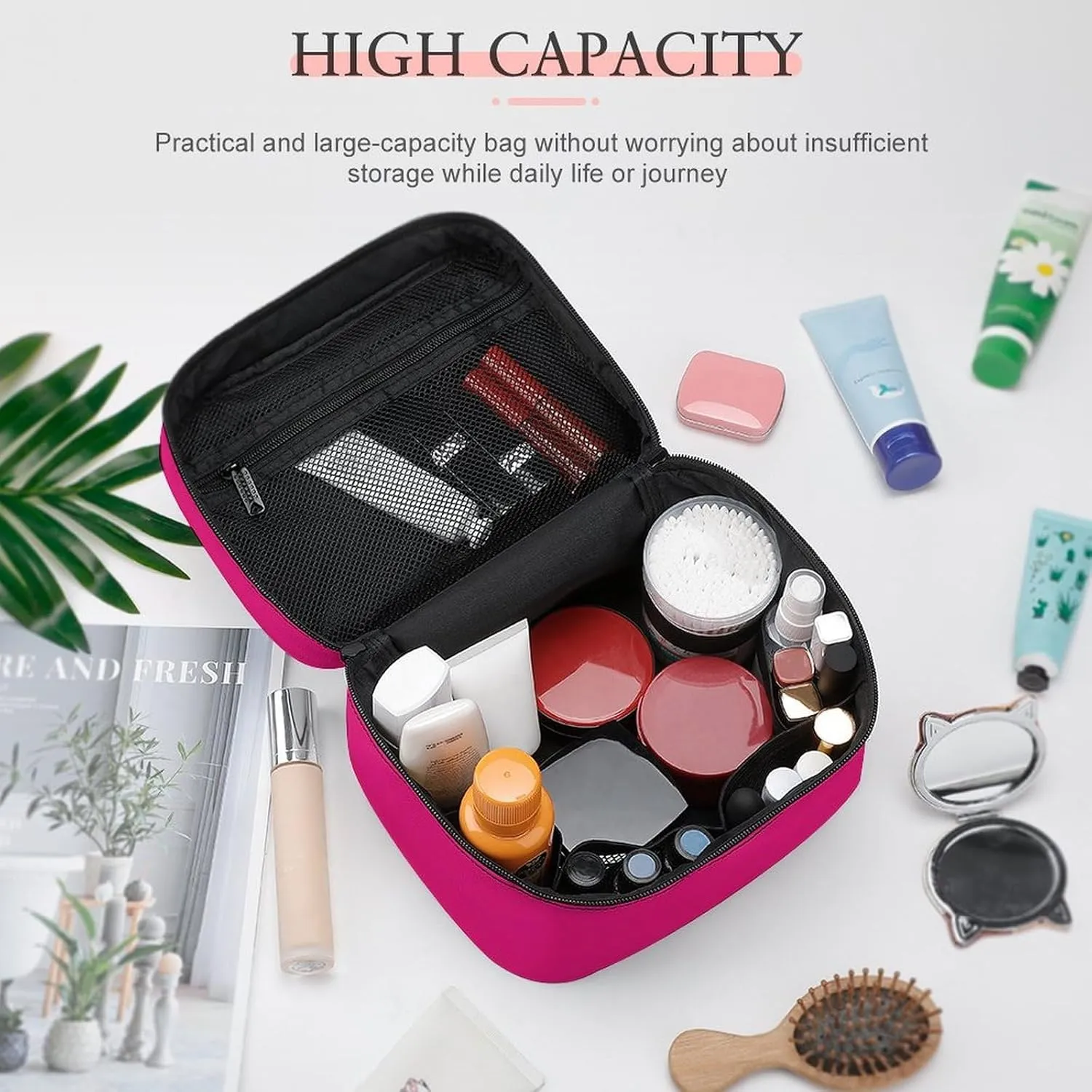 Travel Makeup Bag, Bright Pink Cosmetic Bags for Women Large Capacity Waterproof Toiletry Bag Make up Organizer