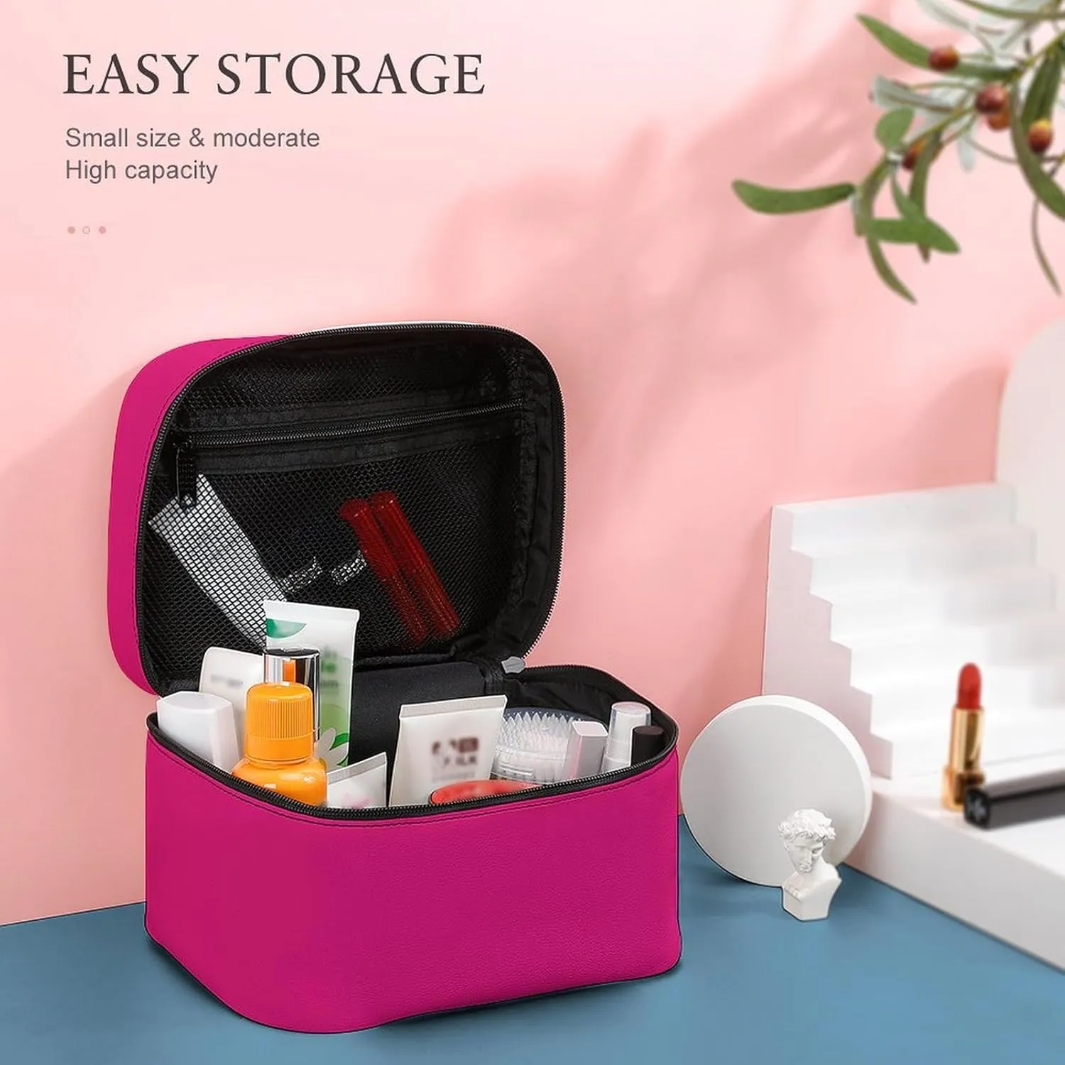 Travel Makeup Bag, Bright Pink Cosmetic Bags for Women Large Capacity Waterproof Toiletry Bag Make up Organizer