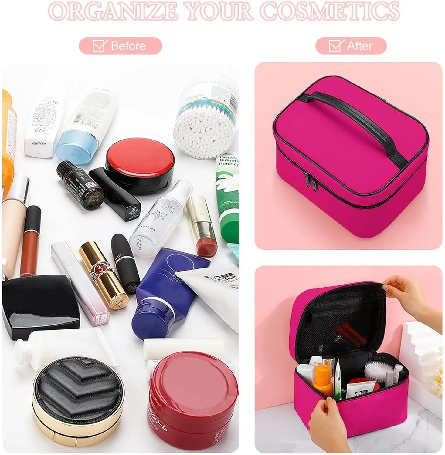 Travel Makeup Bag, Bright Pink Cosmetic Bags for Women Large Capacity Waterproof Toiletry Bag Make up Organizer