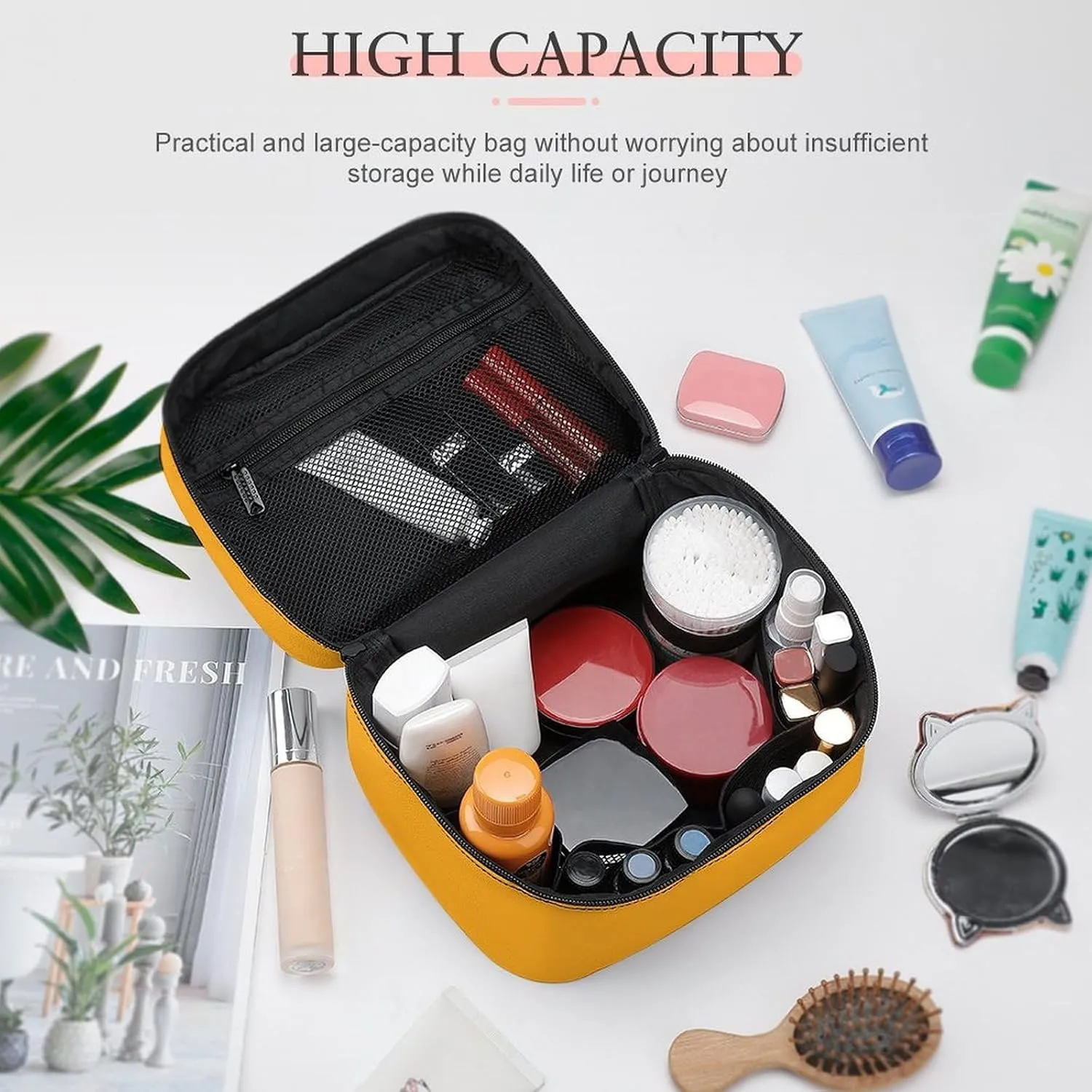 Travel Makeup Bag, Bright Yellow (Solid Color) Cosmetic Bags for Women Large Capacity Waterproof Toiletry Bag Make up Organizer