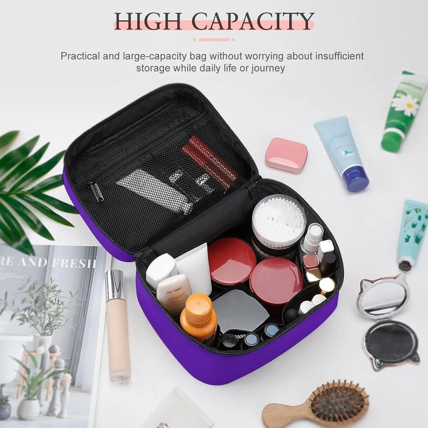 Travel Makeup Bag, Brilliant Purple Cosmetic Bags for Women Large Capacity Waterproof Toiletry Bag Make up Organizer