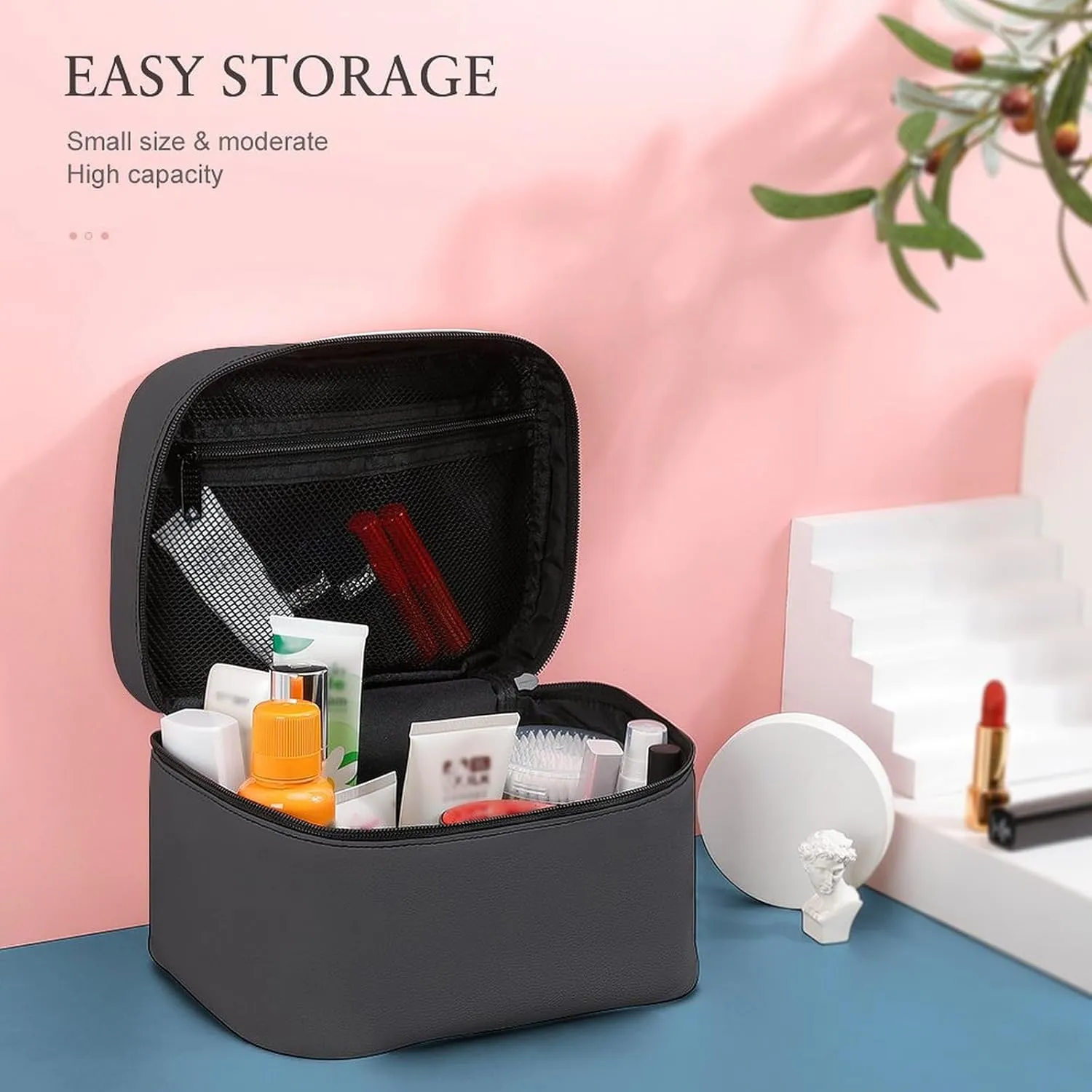 Travel Makeup Bag, Charcoal Grey Gray Solid Trend Color Cosmetic Bags for Women Large Capacity Waterproof Toiletry Bag Make up Organizer
