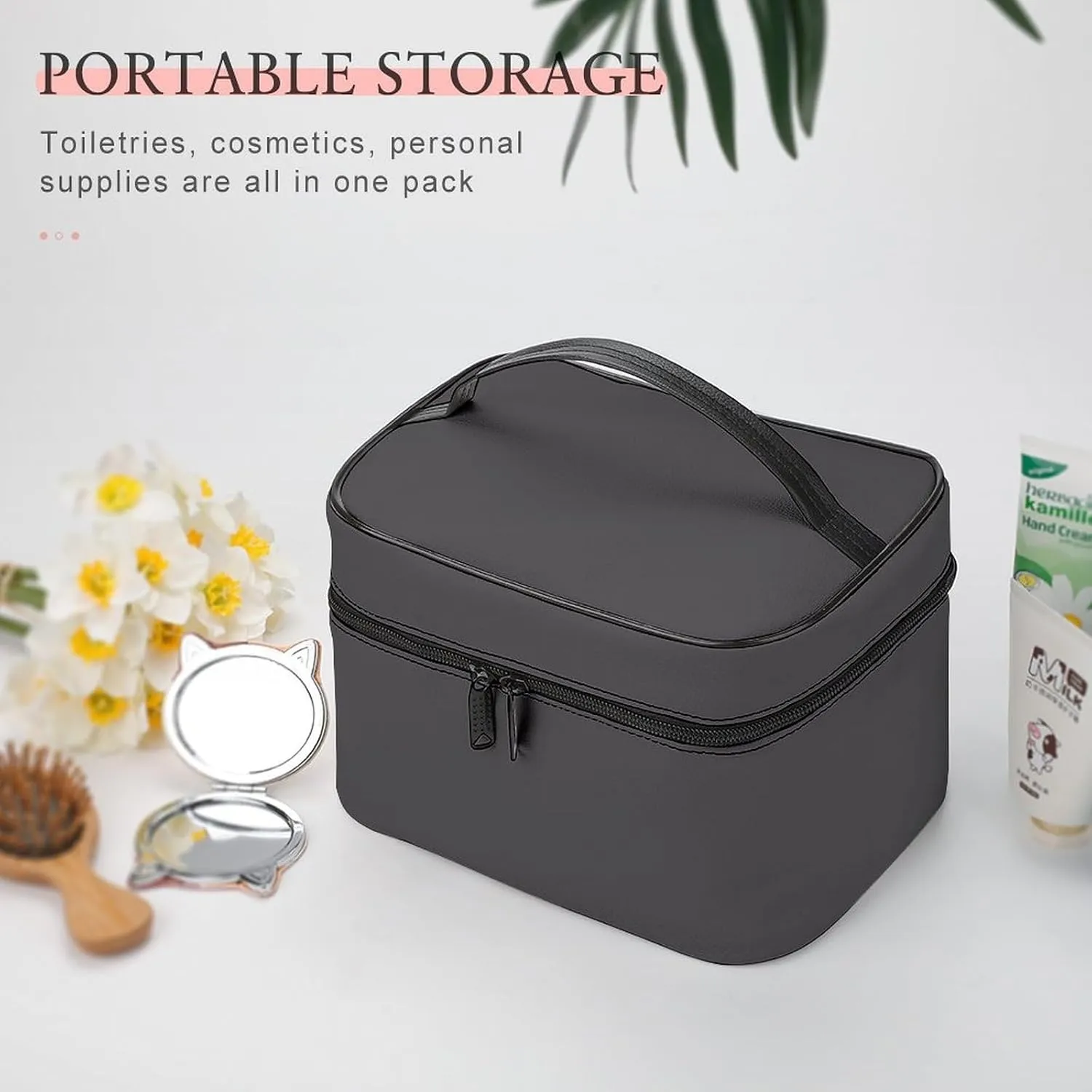 Travel Makeup Bag, Charcoal Grey Gray Solid Trend Color Cosmetic Bags for Women Large Capacity Waterproof Toiletry Bag Make up Organizer