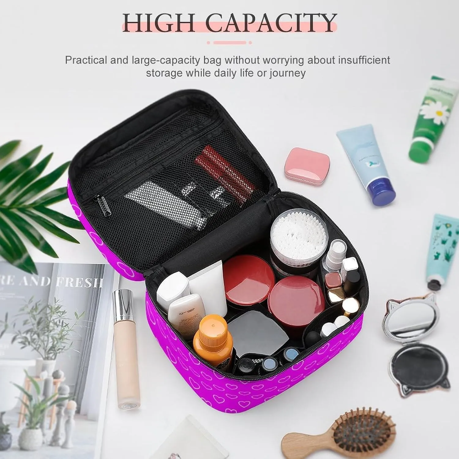 Travel Makeup Bag, Hot Pink Hearts Cosmetic Bags for Women Large Capacity Waterproof Toiletry Bag Make up Organizer