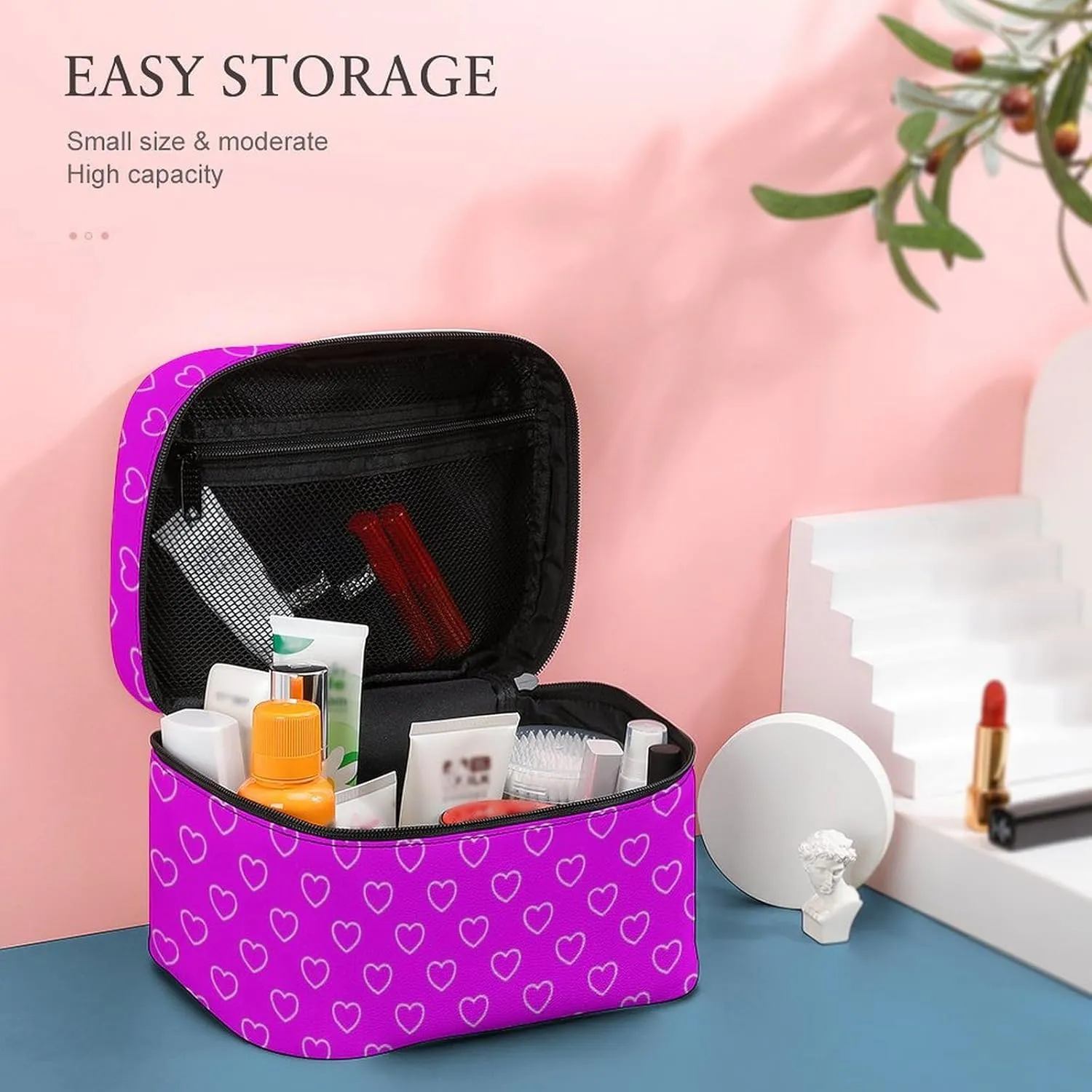 Travel Makeup Bag, Hot Pink Hearts Cosmetic Bags for Women Large Capacity Waterproof Toiletry Bag Make up Organizer