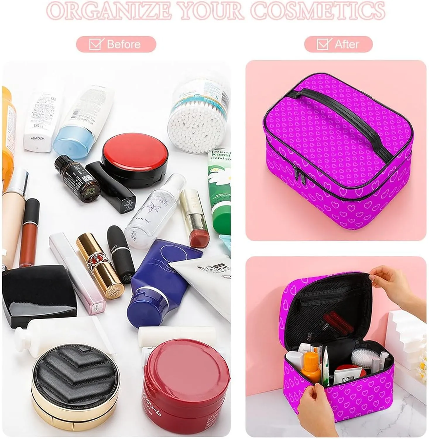 Travel Makeup Bag, Hot Pink Hearts Cosmetic Bags for Women Large Capacity Waterproof Toiletry Bag Make up Organizer