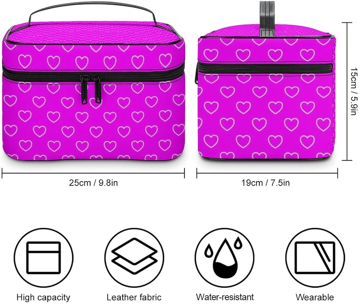 Travel Makeup Bag, Hot Pink Hearts Cosmetic Bags for Women Large Capacity Waterproof Toiletry Bag Make up Organizer