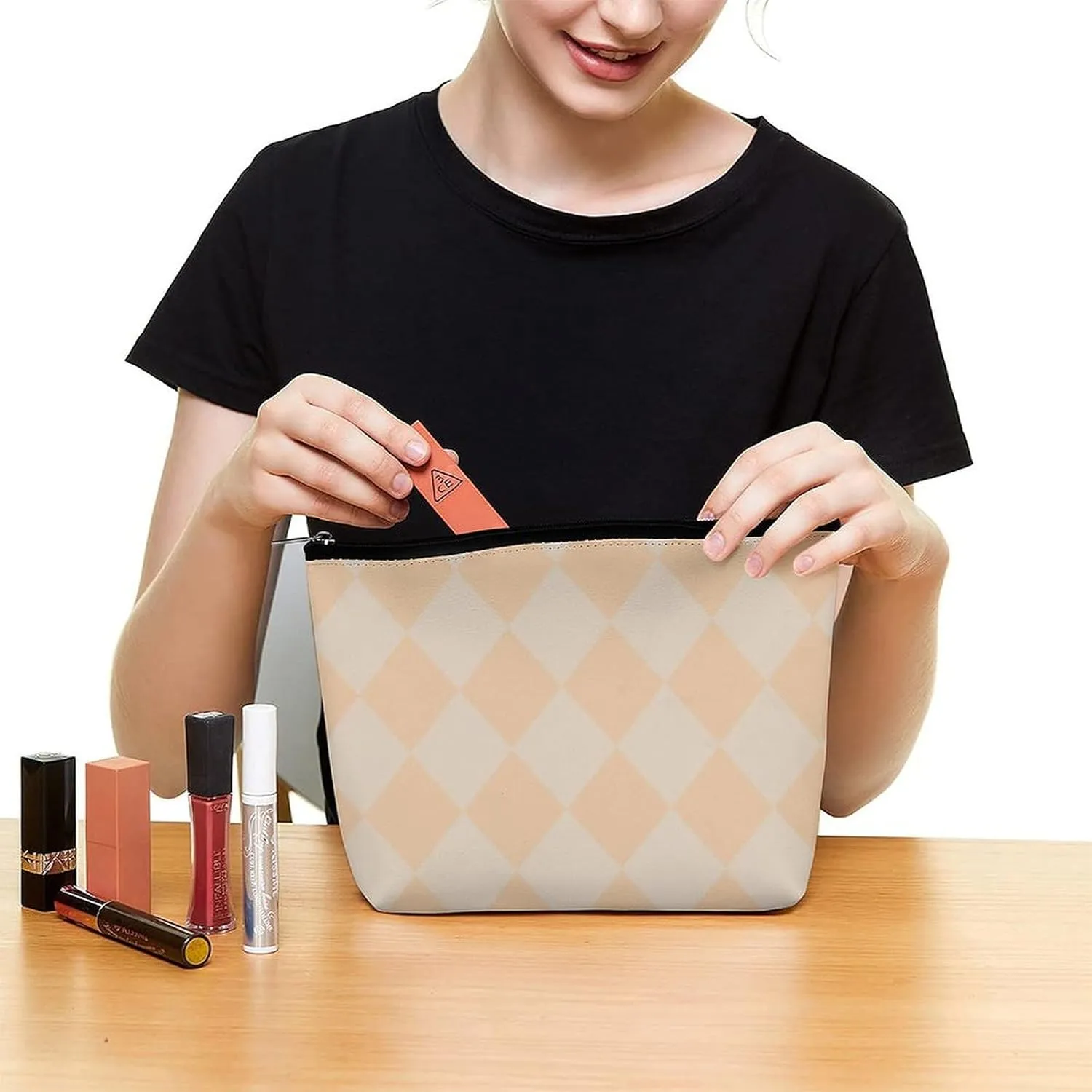 Travel Makeup Bag, Peach Diamond Cosmetic Bags for Women Large Capacity Waterproof Toiletry Pouch Make up Organizer