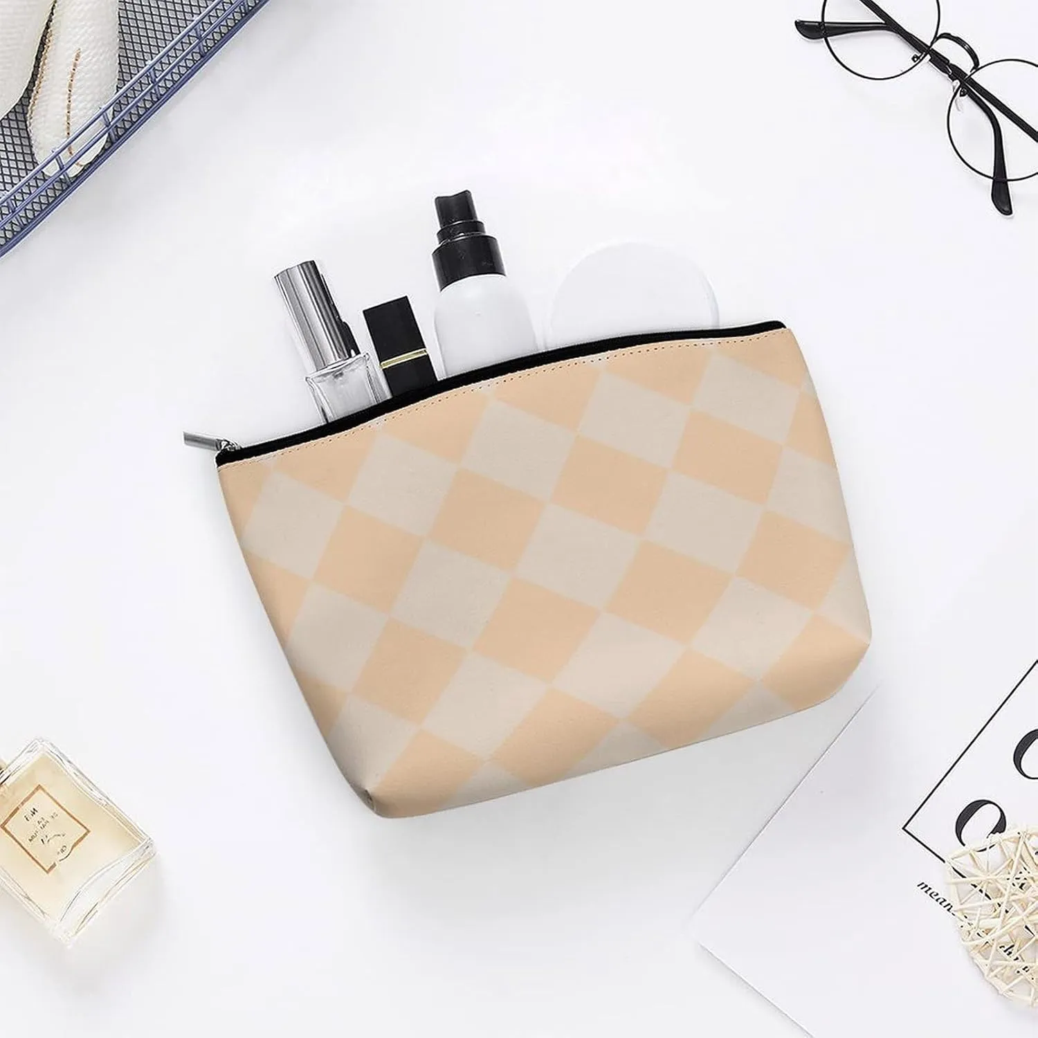 Travel Makeup Bag, Peach Diamond Cosmetic Bags for Women Large Capacity Waterproof Toiletry Pouch Make up Organizer