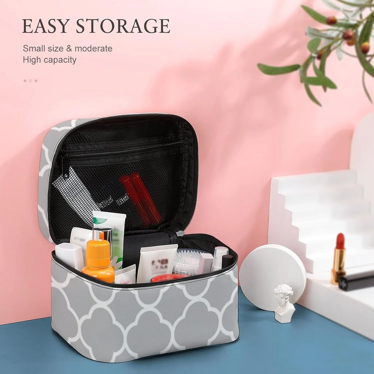 Travel Makeup Bag, Quatrefoil Gray White Cosmetic Bags for Women Large Capacity Waterproof Toiletry Bag Make up Organizer