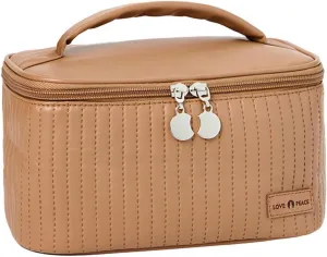 Travel Makeup Bag, Top Open Makeup Case with Handle, Portable Cosmetic Bag with Brush Holder, Soft PU Leather Toiletry Bag for Women, Coffee