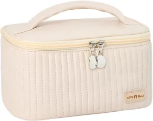 Travel Makeup Bag, Top Open Makeup Case with Handle, Portable Cosmetic Bag with Brush Holder, Soft PU Leather Toiletry Bag for Women, Cream