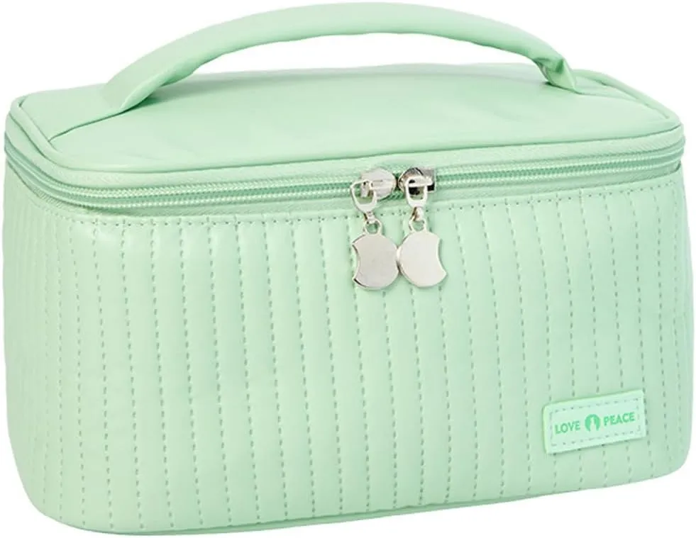 Travel Makeup Bag, Top Open Makeup Case with Handle, Portable Cosmetic Bag with Brush Holder, Soft PU Leather Toiletry Bag for Women, Light Green