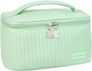 Travel Makeup Bag, Top Open Makeup Case with Handle, Portable Cosmetic Bag with Brush Holder, Soft PU Leather Toiletry Bag for Women, Light Green