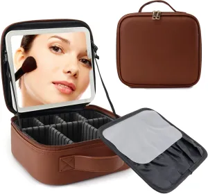 Travel Makeup Bag with LED Mirror Travel Makeup Organizer with 3 Lighted Settings, Adjustable Dividers and Makeup Brush Storage Bag Dark Brown