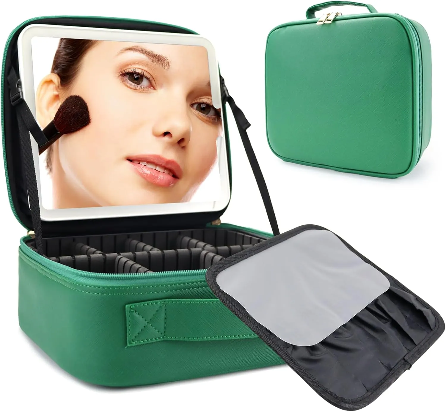 Travel Makeup Bag with LED Mirror Travel Makeup Organizer with 3 Lighted Settings, Adjustable Dividers and Makeup Brush Storage Bag Dark Green
