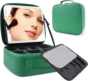 Travel Makeup Bag with LED Mirror Travel Makeup Organizer with 3 Lighted Settings, Adjustable Dividers and Makeup Brush Storage Bag Dark Green