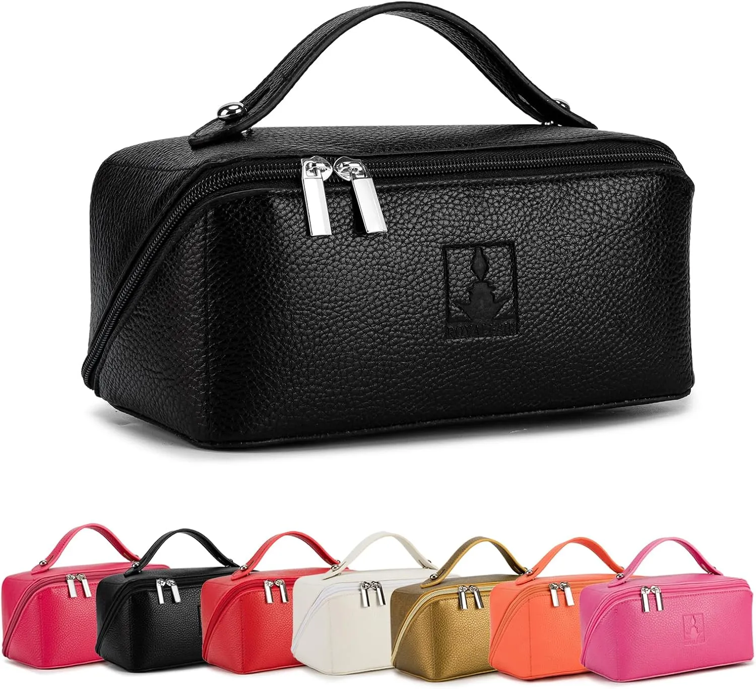 Travel Makeup Bag,Large Capacity Cosmetic Bags for Women, PU Leather Waterproof Portable Pouch Open Flat Toiletry Bag Make up Organizer with Divider and Handle (Black)