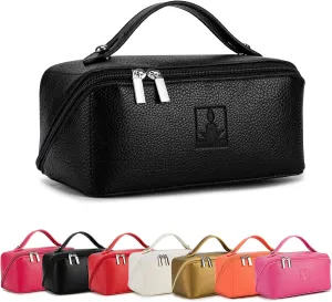 Travel Makeup Bag,Large Capacity Cosmetic Bags for Women, PU Leather Waterproof Portable Pouch Open Flat Toiletry Bag Make up Organizer with Divider and Handle (Black)
