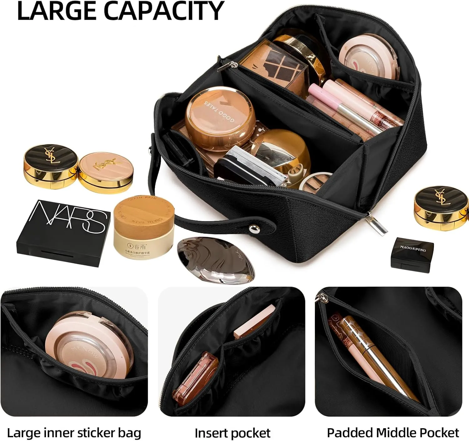 Travel Makeup Bag,Large Capacity Cosmetic Bags for Women, PU Leather Waterproof Portable Pouch Open Flat Toiletry Bag Make up Organizer with Divider and Handle (Black)