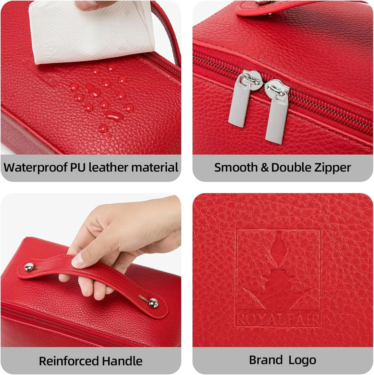 Travel Makeup Bag,Large Capacity Cosmetic Bags for Women, PU Leather Waterproof Portable Pouch Open Flat Toiletry Bag Make up Organizer with Divider and Handle (red)