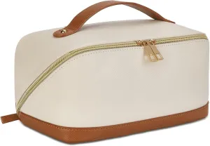 Travel Makeup Bag,Large Capacity Cosmetic Bags for Women,PU Leather Water Resistant,Open Flat Toiletry Bag Make up Organizer with Divider and Handle, Beige with Brown
