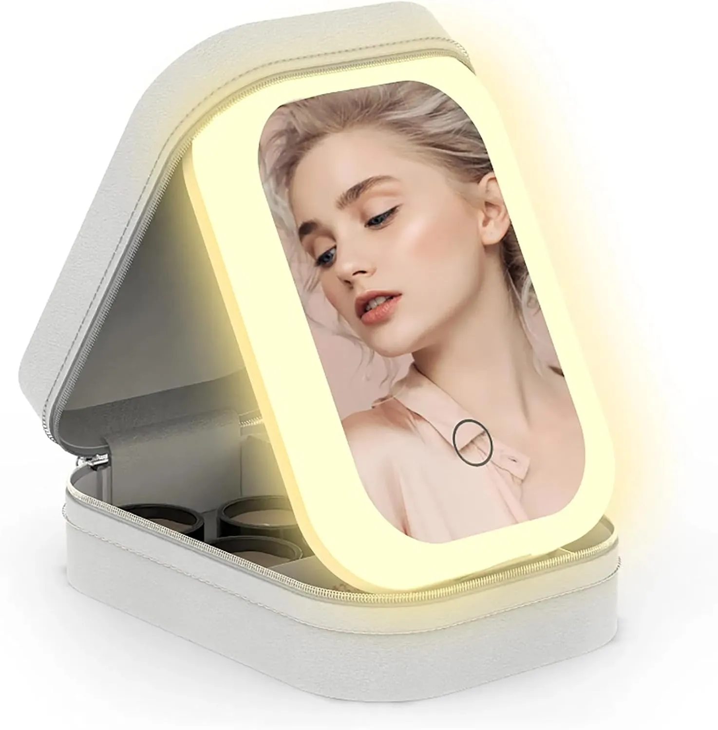 Travel Makeup Mirror with Light, Compact Makeup Bag with LED Mirror, 3 Color Light Dimmable Brightness Waterproof Cosmetic Bag With 4 Compartments Ideal Gift For Women,White