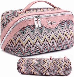Travel Cosmetic Bag Makeup Bags for Women: Western Boho Makeup Bag Set of 3 - Large Vegan Leather Cosmetic Organizer Bags with Compartments & Handle & Divider(Pink)