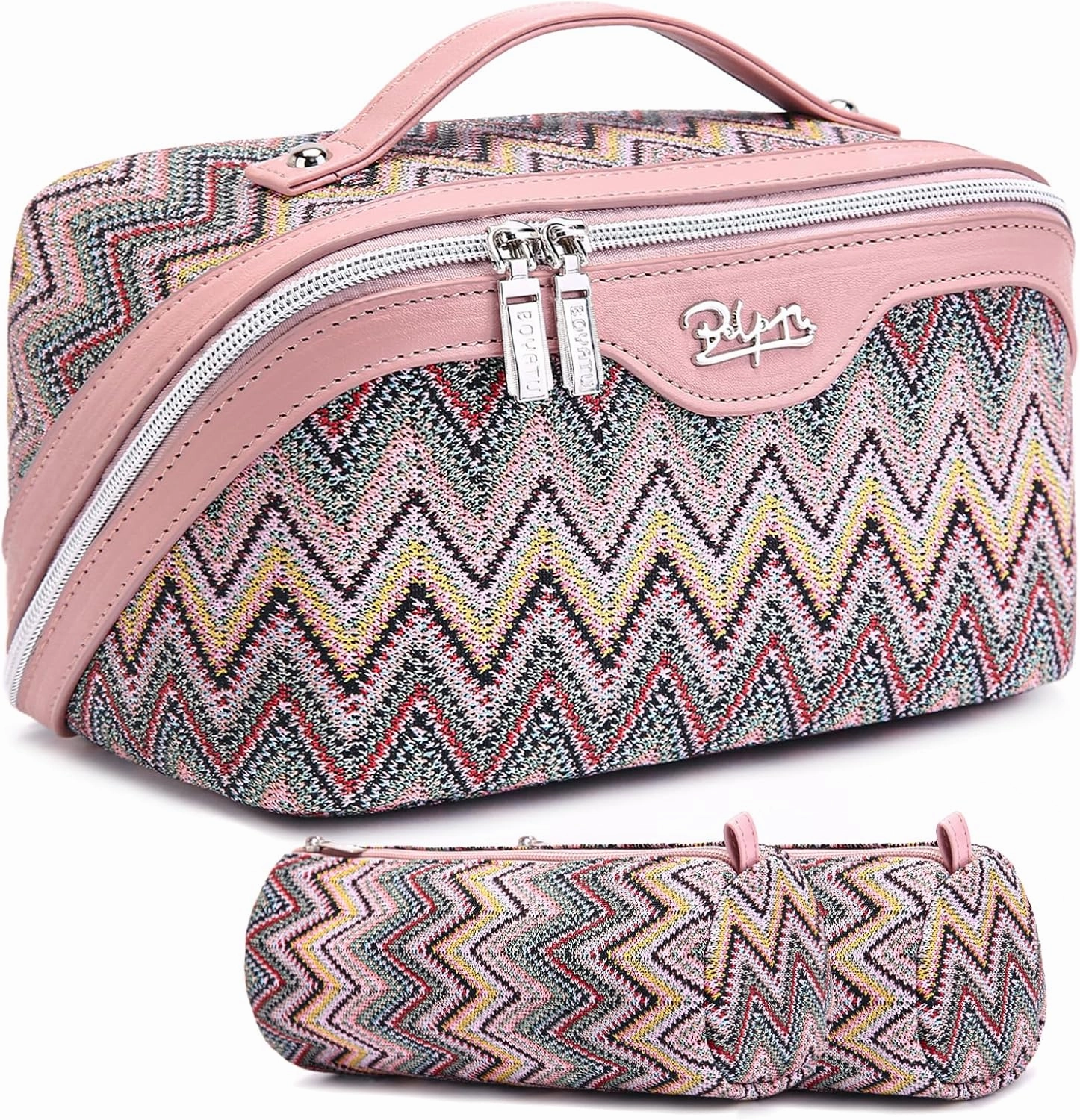 Travel Cosmetic Bag Makeup Bags for Women: Western Boho Makeup Bag Set of 3 - Large Vegan Leather Cosmetic Organizer Bags with Compartments & Handle & Divider(Pink)