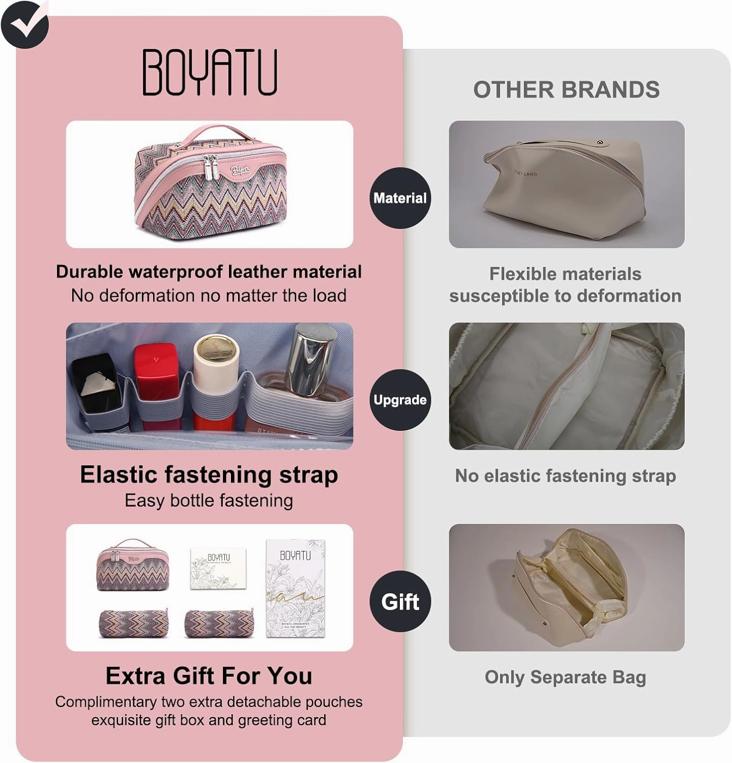 Travel Cosmetic Bag Makeup Bags for Women: Western Boho Makeup Bag Set of 3 - Large Vegan Leather Cosmetic Organizer Bags with Compartments & Handle & Divider(Pink)