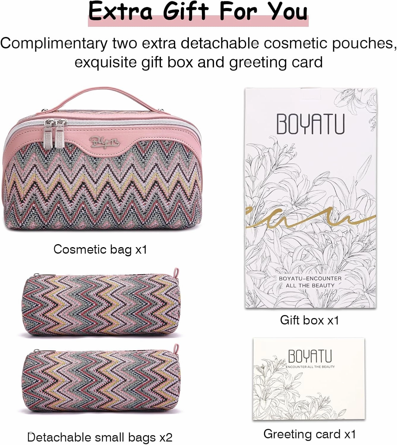 Travel Cosmetic Bag Makeup Bags for Women: Western Boho Makeup Bag Set of 3 - Large Vegan Leather Cosmetic Organizer Bags with Compartments & Handle & Divider(Pink)