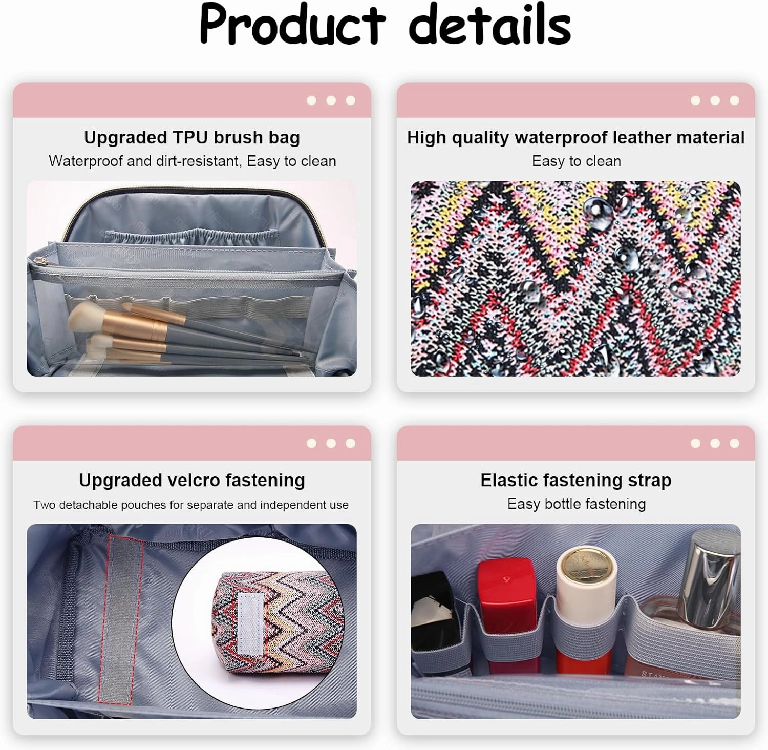 Travel Cosmetic Bag Makeup Bags for Women: Western Boho Makeup Bag Set of 3 - Large Vegan Leather Cosmetic Organizer Bags with Compartments & Handle & Divider(Pink)
