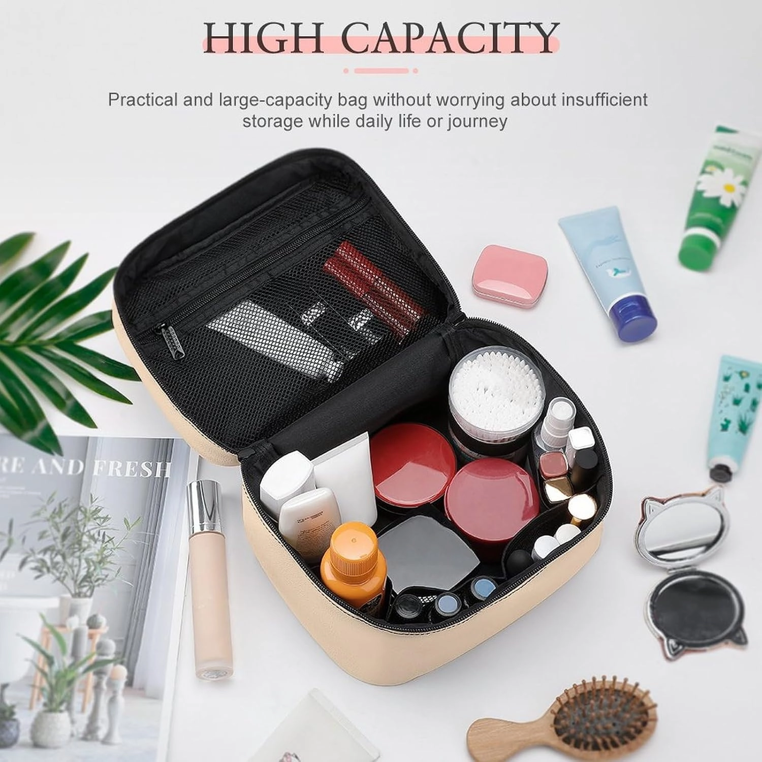 Travel Makeup Bag, Beige Cream Solid Trend Color Cosmetic Bags for Women Large Capacity Waterproof Toiletry Bag Make up Organizer