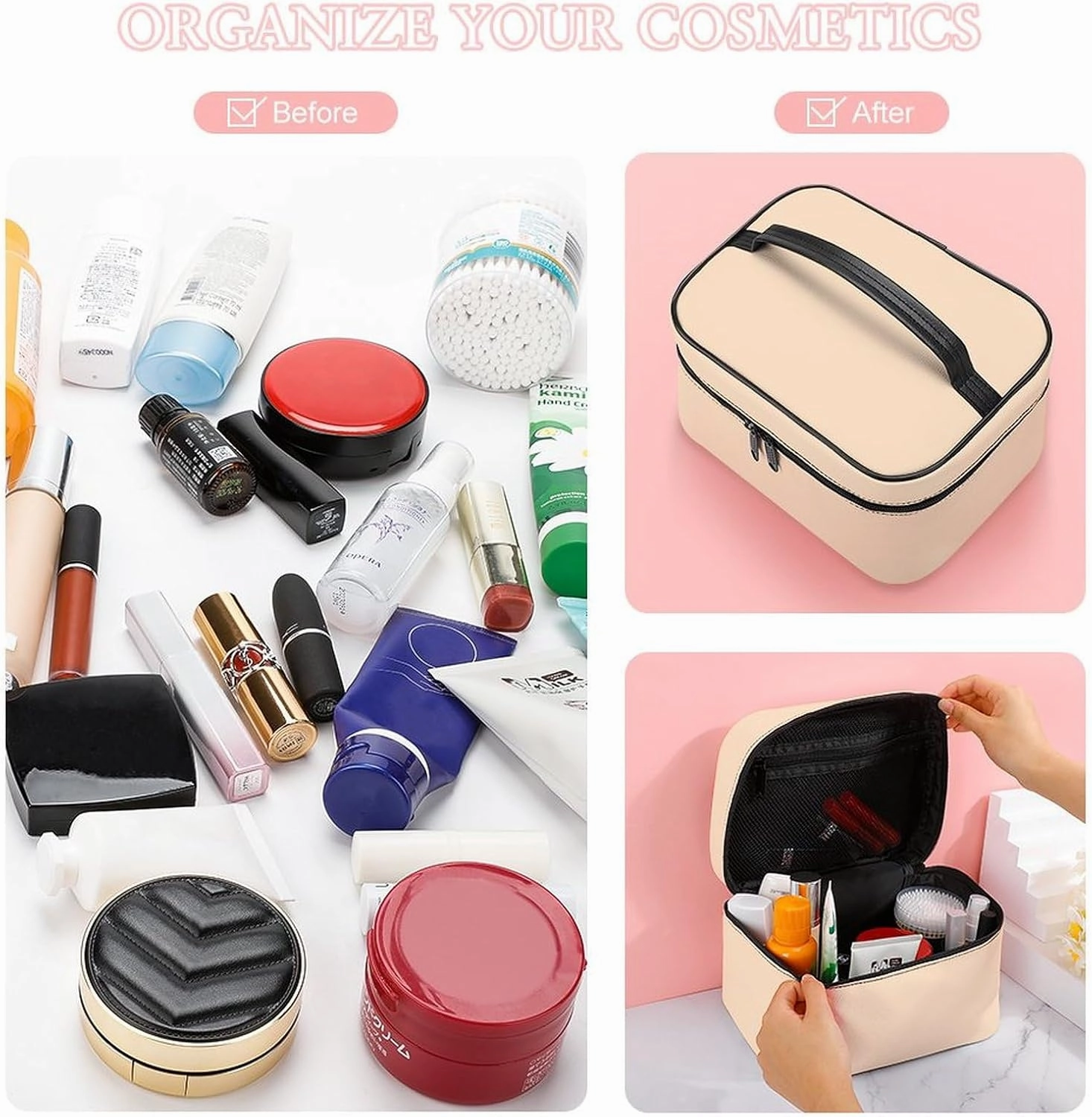 Travel Makeup Bag, Beige Cream Solid Trend Color Cosmetic Bags for Women Large Capacity Waterproof Toiletry Bag Make up Organizer